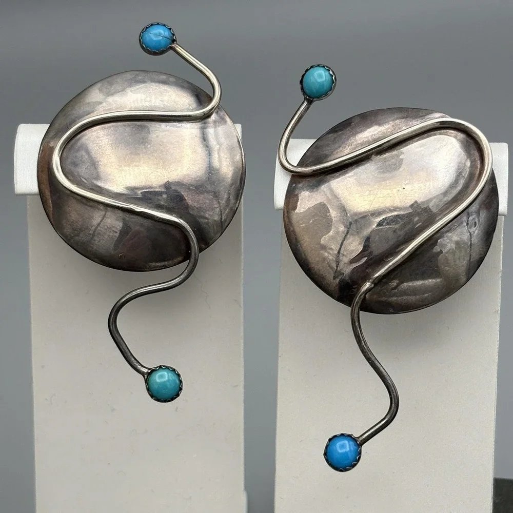 Vintage M.E. Friedman Clip On Earrings Sterling Silver Modernist Turquoise